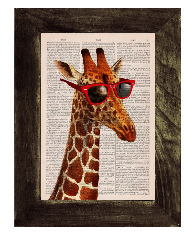 Vintage book print Cool Giraffe with sunglasses Printed on Vintage Book sheet - Nursery wall art