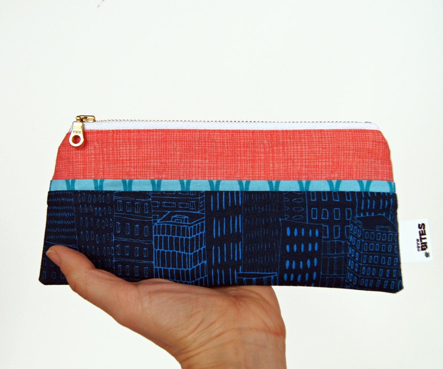 Slim Clutch by MinneBites / Modern Pencil Bag - Handmade Coral Navy Blue Clutch - Pencil Case - Travel Jewelry Case, ready to ship