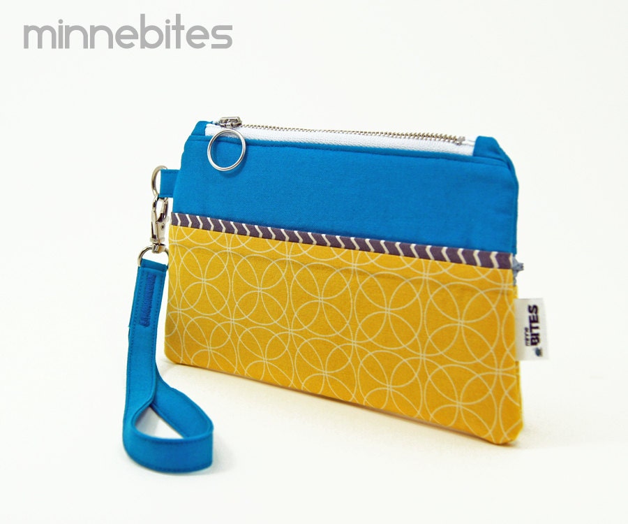 Zipper Wristlet by MinneBites / Handmade iPhone Wristlet - Small Zipper Wallet - Blue Yellow Purse - Wristlet Clutch Purse, ready to ship
