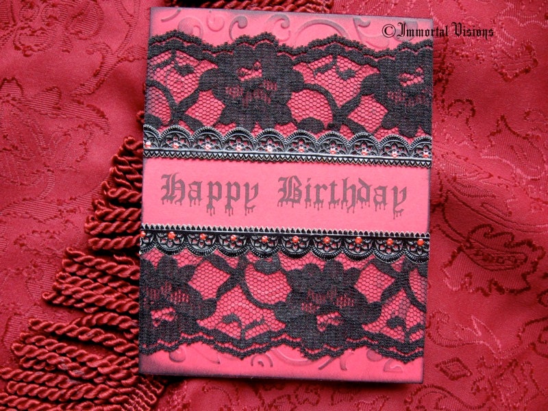 Gothic Happy Birthday Greeting Card - Laced Black & Red