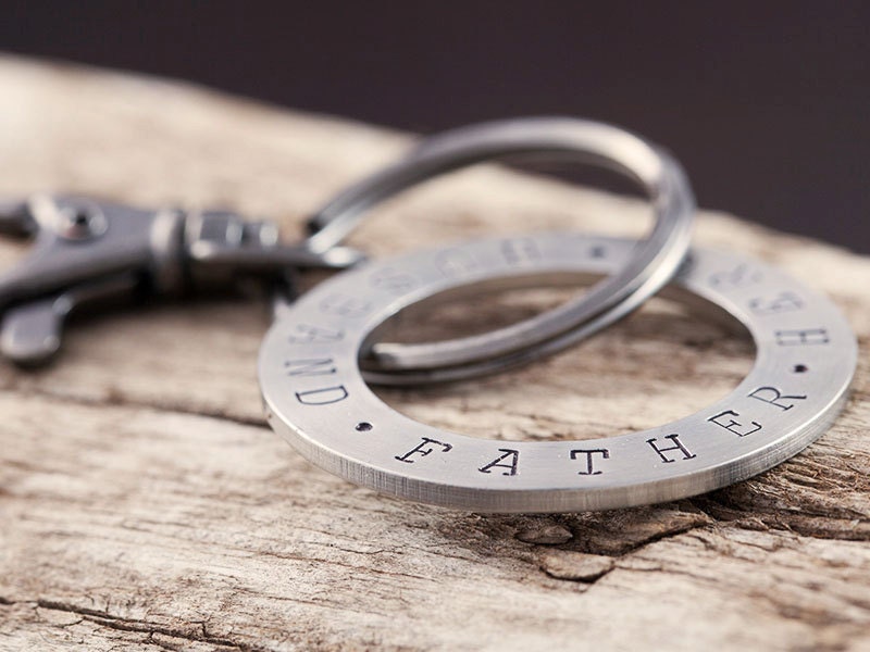 Mens Key Chain - Hand Stamped Stainless Steel Key Ring - Husband.Father. Hero