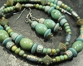 Variscite, turquoise, verdigris copper beaded necklace and earrings, sterling silver findings, seafoam
