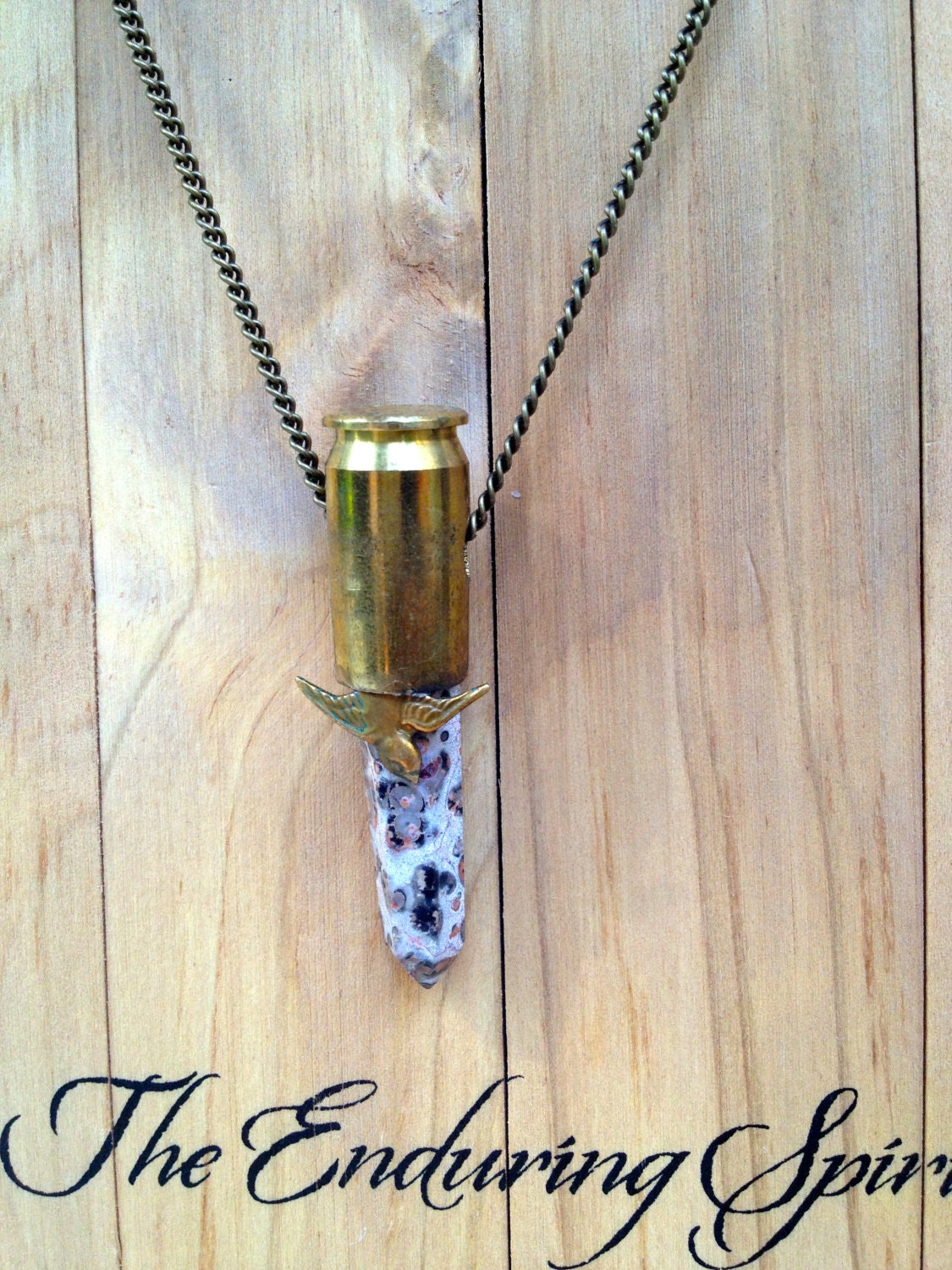 Leopard Skin Jasper Bullet Point Necklace with bird charm