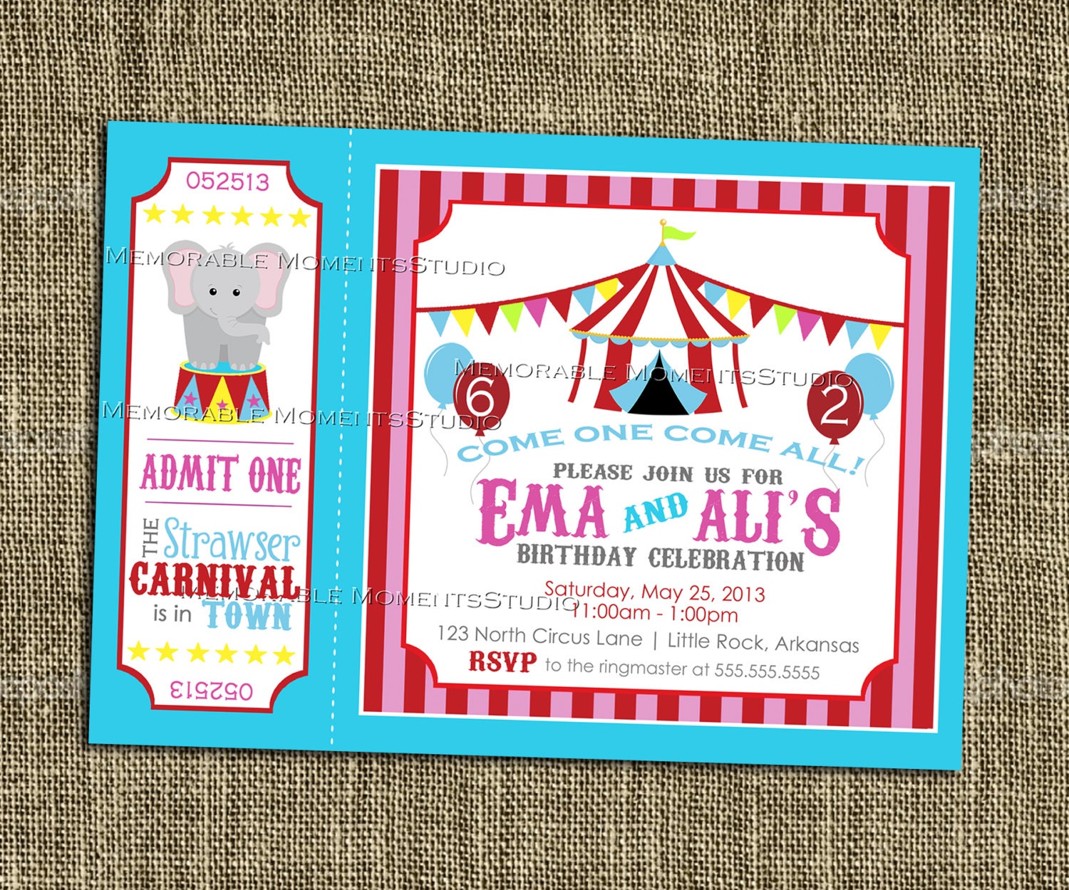 PRINTABLE INVITATIONS Carnival or Circus Party Celebration - Birthday Party - Red Pink and Blue Backgrounds - Memorable Moments Studio
