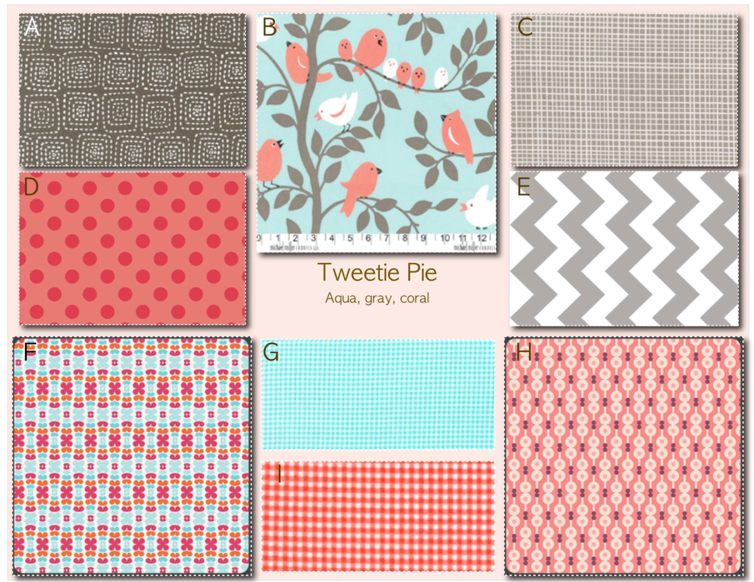 Crib Bedding- Design Your Own Crib Set- Tweetie PIe- aqua, gray and coral