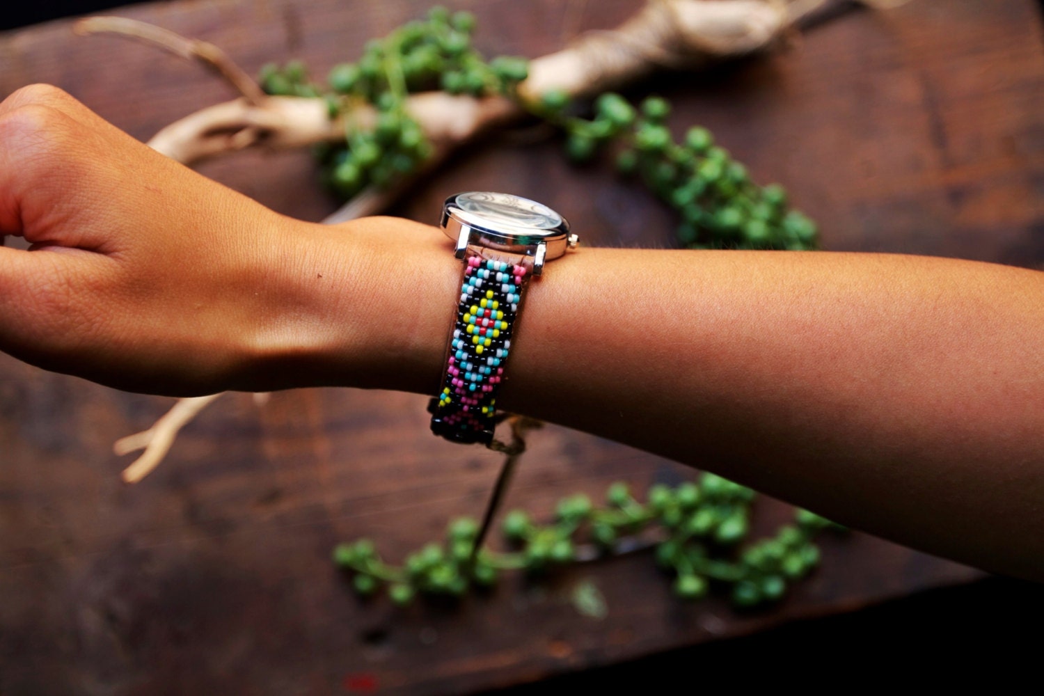 Free shipping US,Native American inspired hand-beaded watch.brown,leather,handmade,hippie,boho,hipster