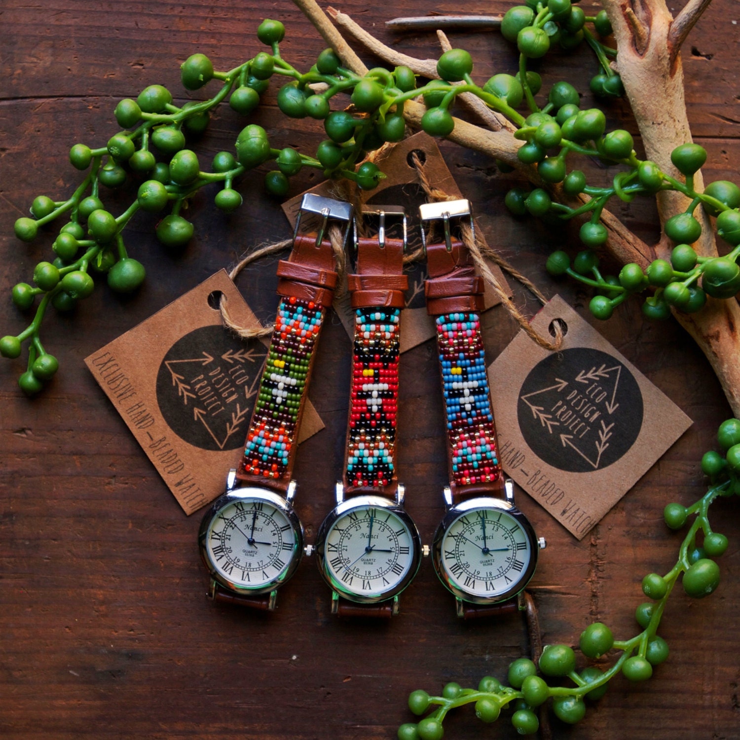 Free shipping US,Native American inspired hand-beaded watch.brown,leather,handmade,hippie,boho,hipster