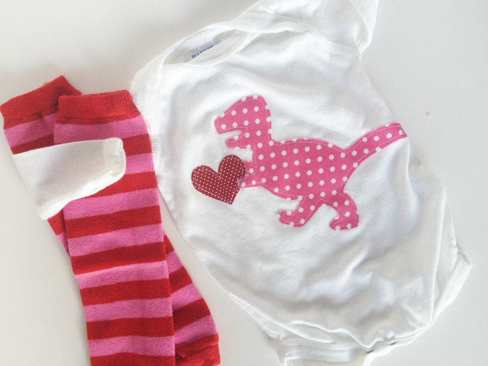 Valentine's Day Onesie pink tyrannosaurus rex with Hand Dyed Baby Leg Warmers Girl Pink Red T-Rex Dinosaur
