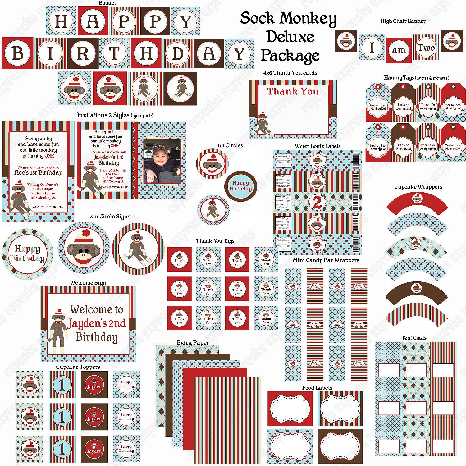 DIY Sock Monkey Light blue Deluxe Birthday Party PRINTABLE Package Red brown light blue Personalized Il_170x135