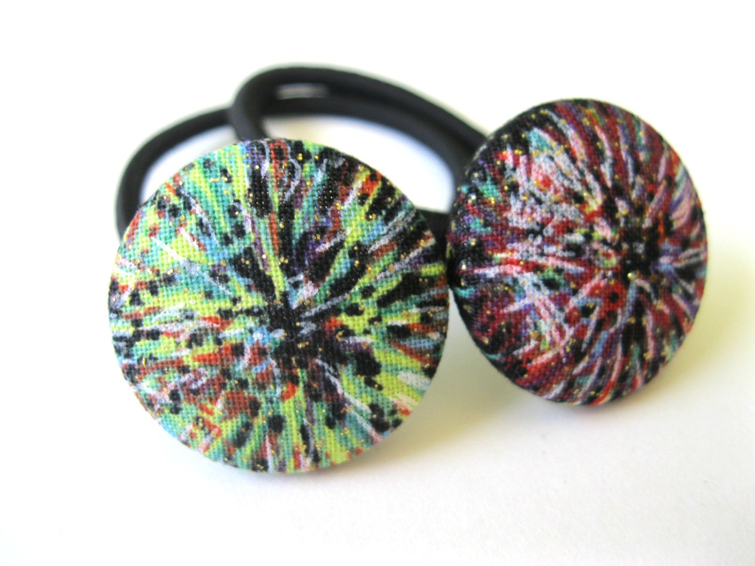 Glitter Fireworks Ponytail holders : Set of Two Covered Button Pony Elastics - Green Purple Glitter Fireworks