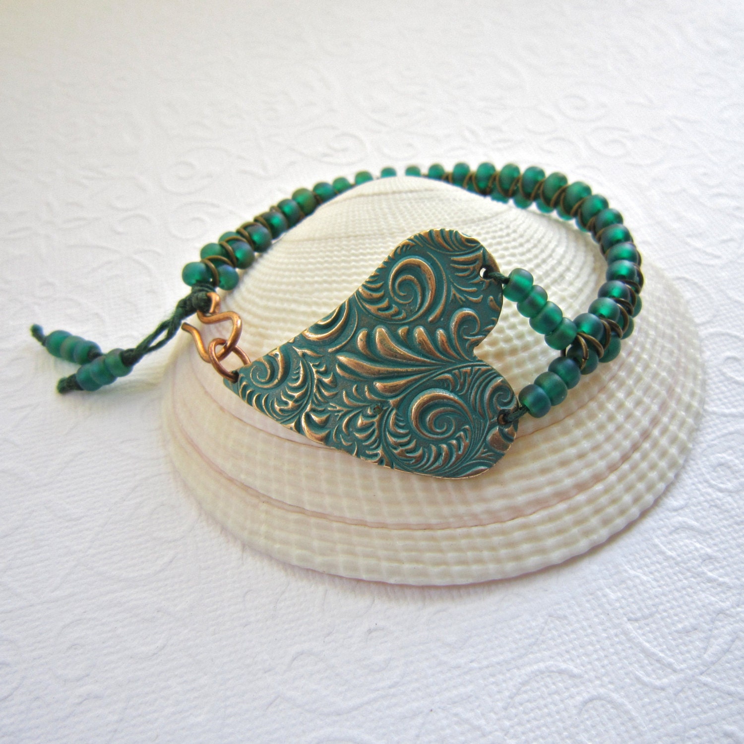 Beaded heart bracelet, Dark Teal bracelet, Bronze bracelet, Handmade bracelet