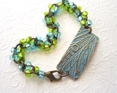 Beaded bronze bracelet, aqua and line bracelet, brass chain bracelet