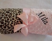 Monogrammed Minky Baby Blanket - Leopard Print and Light Pink - Personalized