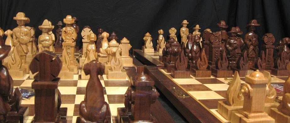 Firefighter's Chess Set on etsy handmade custom chess sets chess boards chess pieces