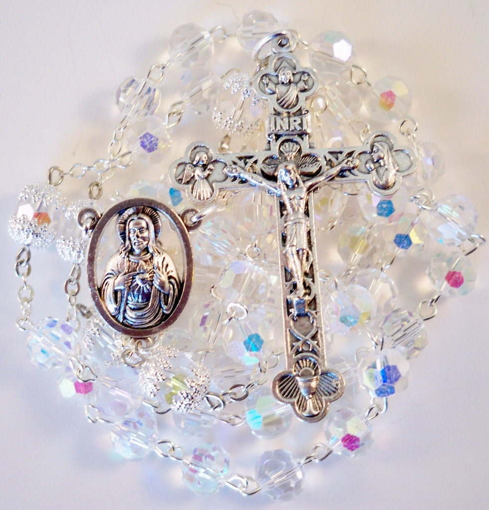 Handmade Catholic Rosary, Clear AB Crystal, Scapular Center, Liturgical Crucifix
