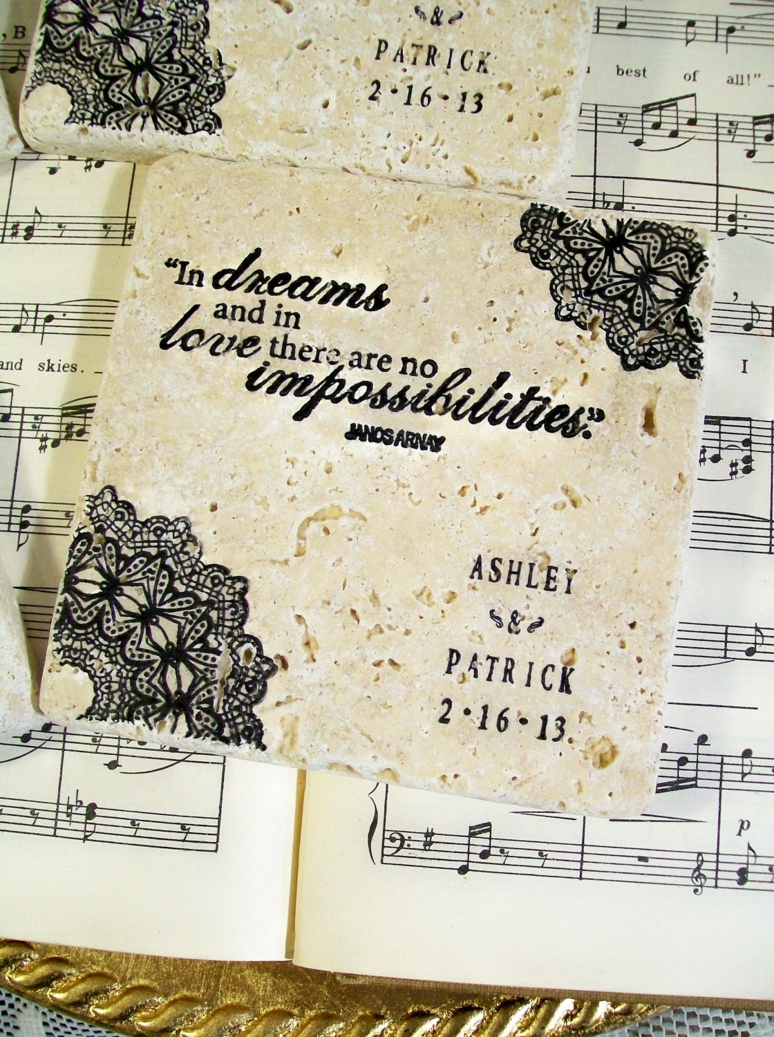 Wedding Travertine Coaster Set of 4 Personalized Wedding Gifts Inspirational Love Quotes Stone Coasters