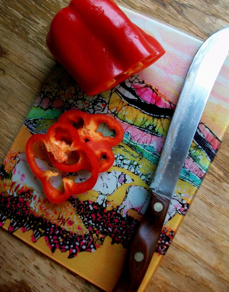 Cutting Board -  "Sheep on a Sunny Summer Day" -  Detail from original batik by Carol -  8" x 11"