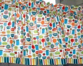 VALANCE Cotton 40 x 12  RETRO  KITCHEN Bowls Print Window Treatment 1" Striped Banded Bottom