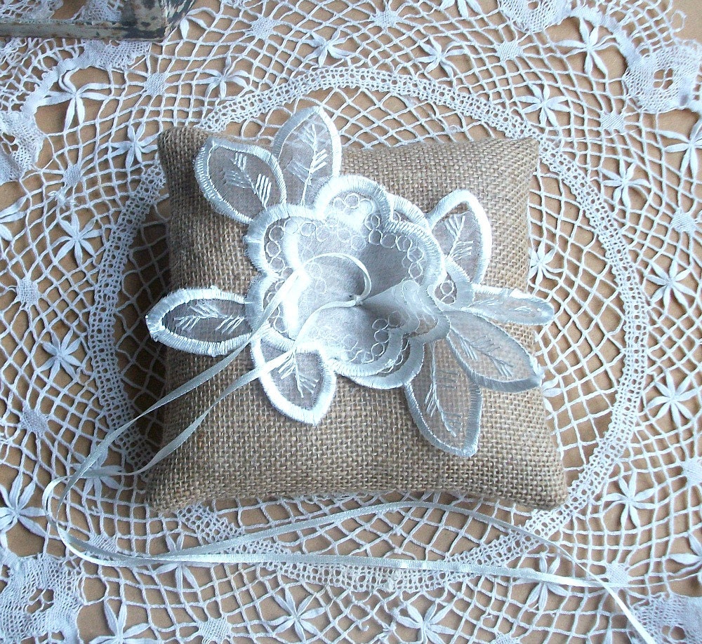 Bearer Pillow/Cushion in Natural Jute Burlap with Embroidered Organza Applique