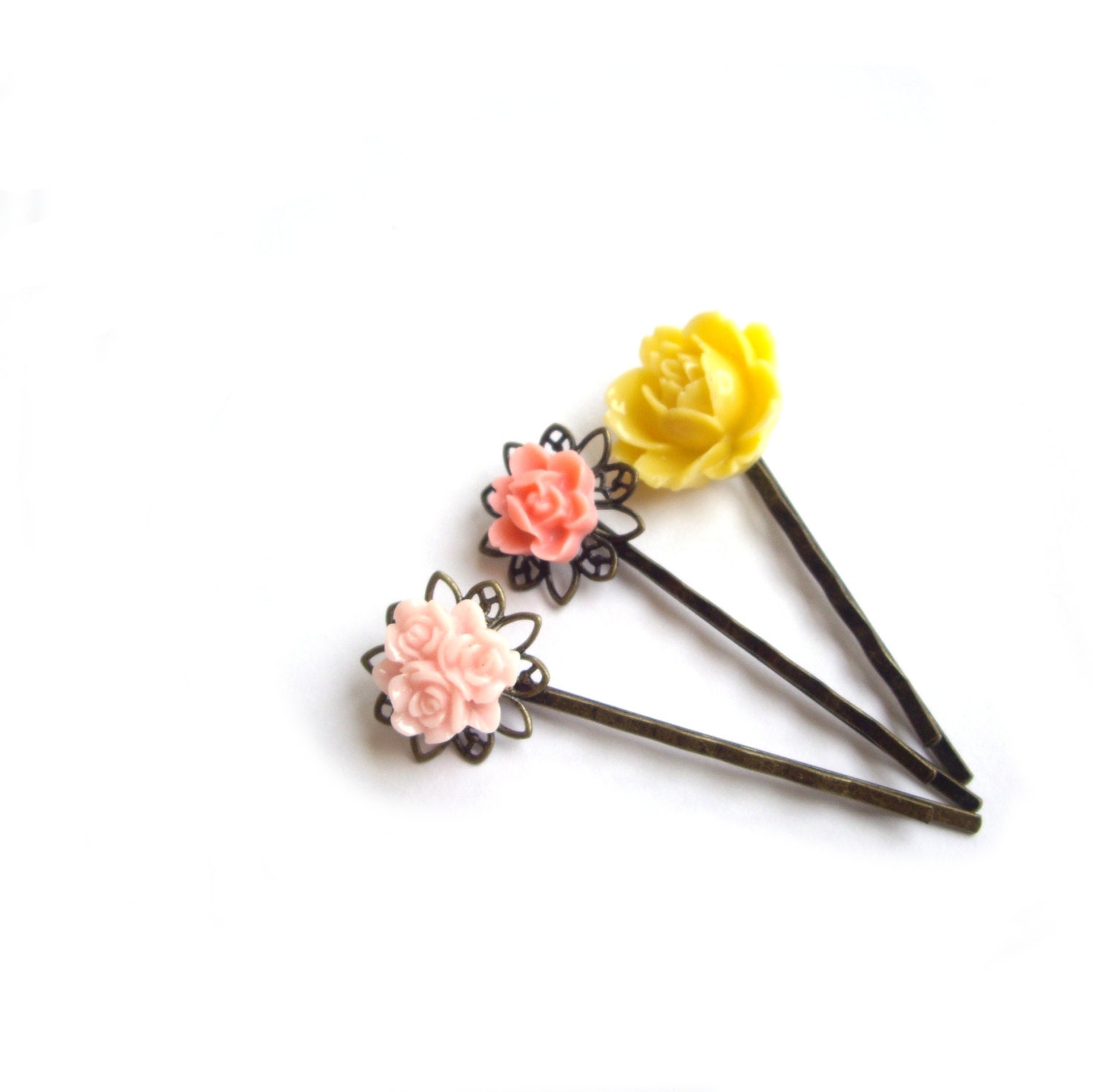 Flower hair pins - Pink and yellow bobby pins, Pastel, set of 3
