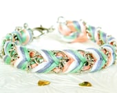 Iced Mint & Peaches - Peachy Keen, Pearl, Platinum, Mint - Chevron Braided Modern Friendship Bracelet - Silver Chain