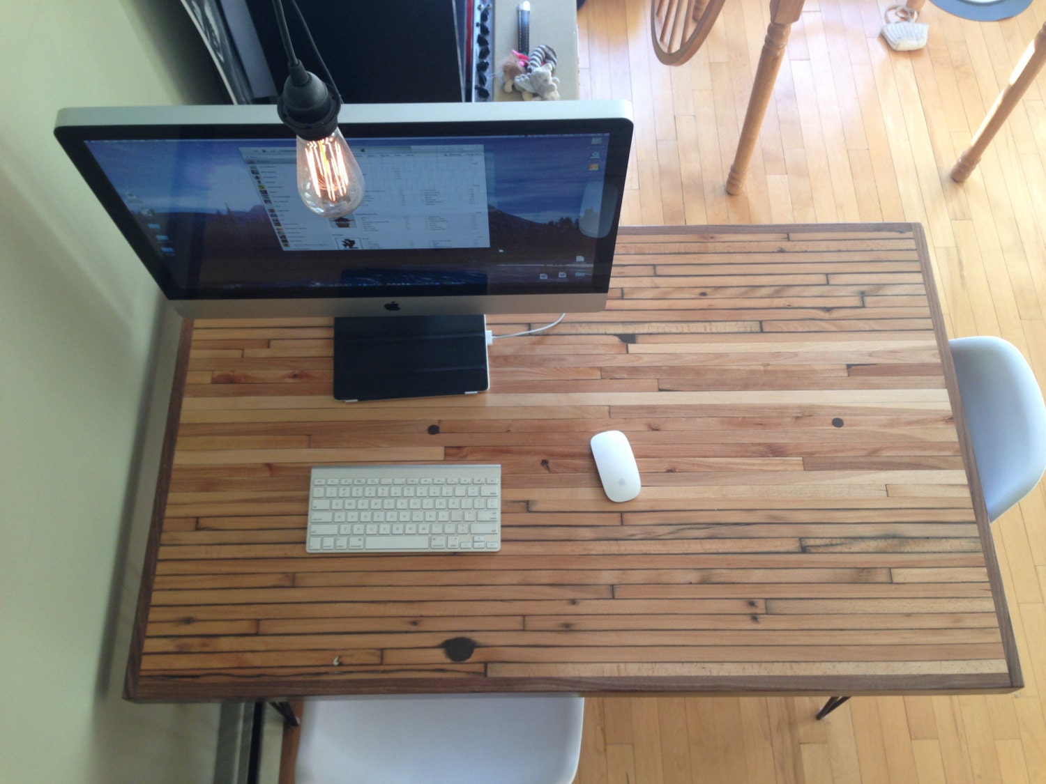 Reclaimed Maple Desk With Walnut Wrap: Darkened Hairpin Legs