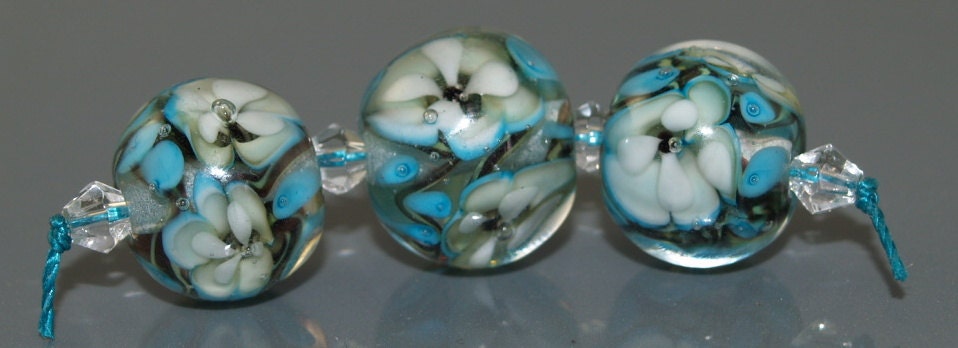 Double Encased Turquoise & White Florals Handmade Lampwork Glass Beads SRA FHFteamY3 CPteam  British Seller GBUK