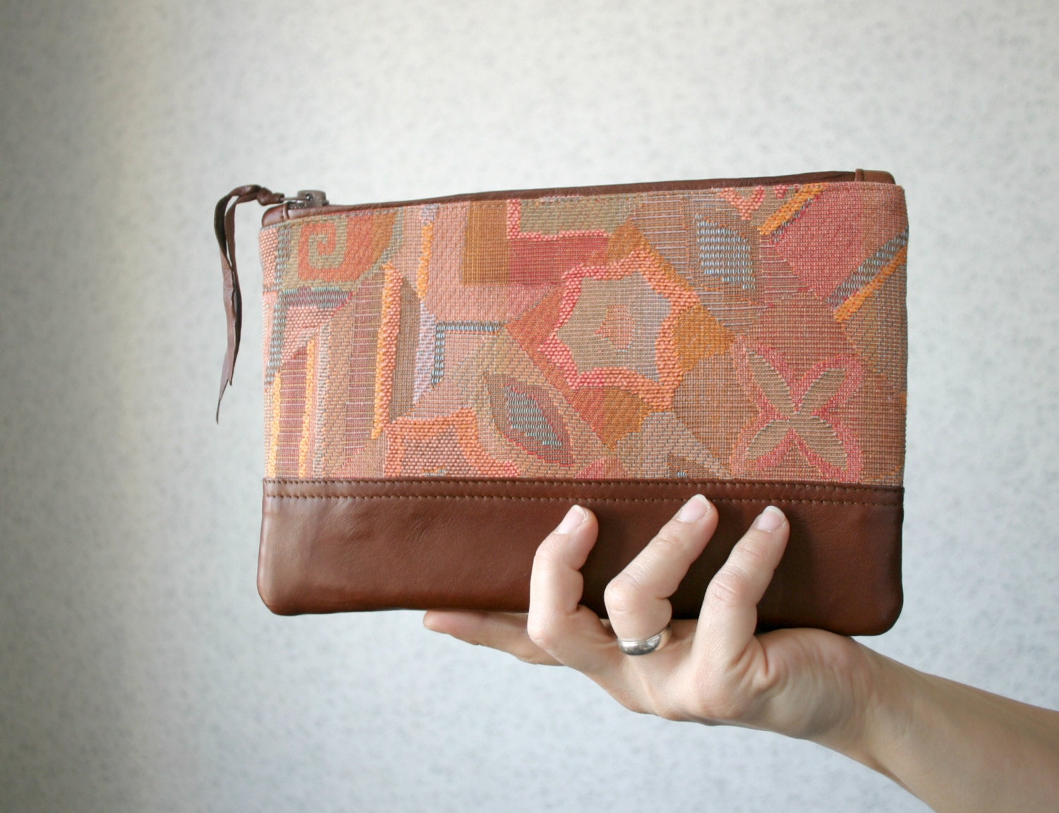 Clutch Purse Cosmetic bag Leather bottom Native vintage tribal Fabric