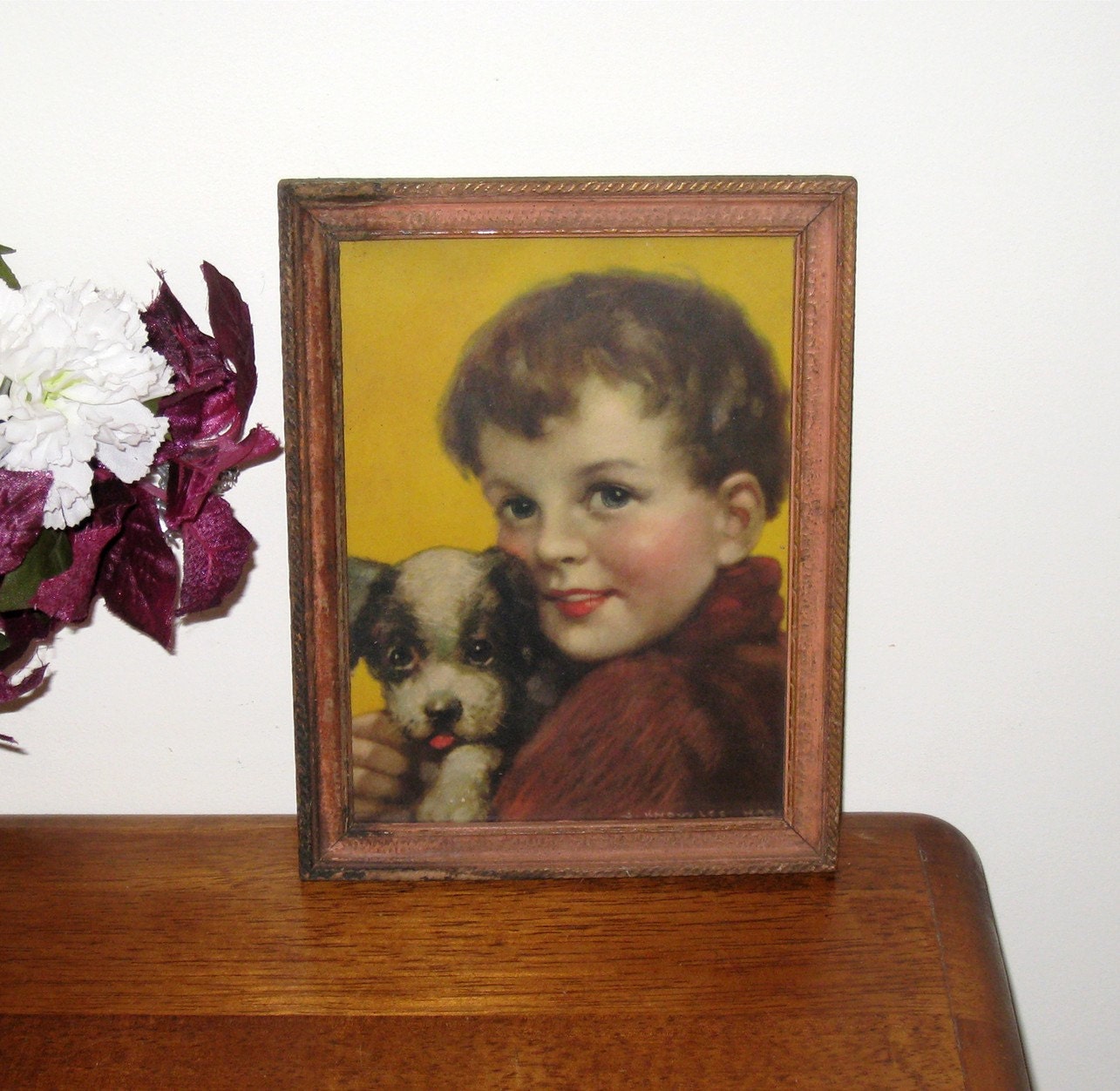 1920s/30s J. KNOWLES HARE Boy and Puppy Print / Vibrant Colors / Original Glass & Frame / 6 1/8 X 8 1/8