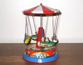 1950s Tin Litho Toy Rocket Carousel / Merry Go Round by Blomer & Schuler / Western Germany / BS Elephant Trademark