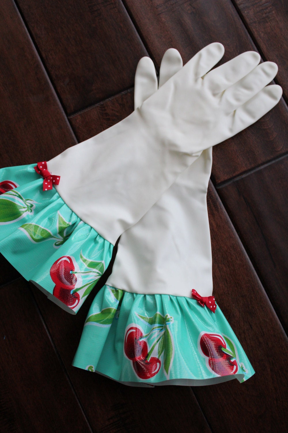 Plain Jane Turquoise w/Red Cherries Oilcloth Gloves - Latex Free - Not Just for Cleaning (Size Med)