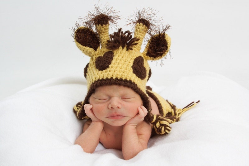 Delightfully Adorable Crochet Giraffe Earflap Hat and Diaper Cover Set - Newborn to 6 Months