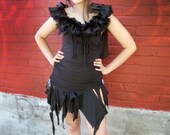 Black Stretch Cotton Dress with Woven Asymmetrical Cape, Ruffle Collar, Draw String Sides, and Tattered n Torn Ruffle Bottom