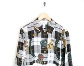 vintage 90s blouse / equestrian shirt with button down and gold buttons / plaid horse print / deadstock