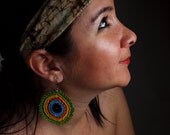 Peacock Crochet Bohemian Chic Dangle Earrings in Green, Yellow, Orange, Blue, Aqua Hippie Boho Gypsy Style Jewelry Strip Circle Geometric