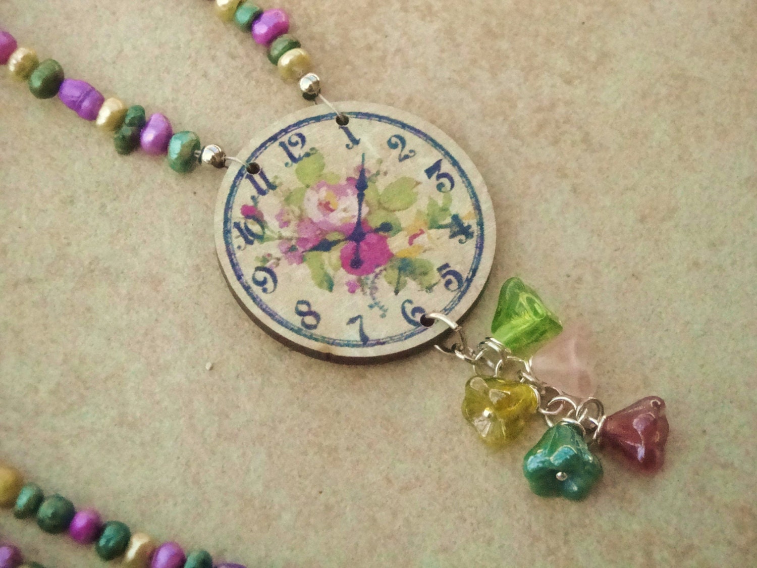 Vintage inspired wood clock freshwater pearls czech glass flower necklace