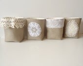 Burlap Basket Vintage Doily Small - Rustic Storage Bin - Burlap Bucket - Burlap Wedding Decor