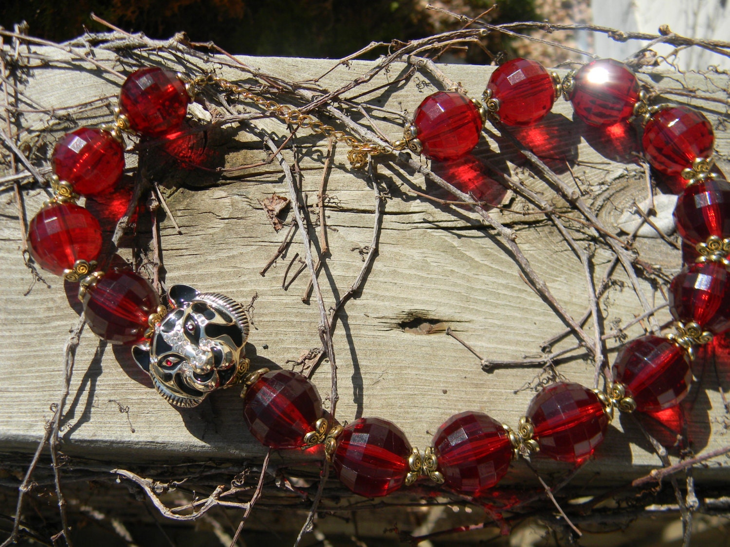 FRENCH Bakelite Necklace. Vintage Crystal Tiger Brooch face Cherry Amber Bauble Necklace.OOAK Up cycled Jewelry 1930s