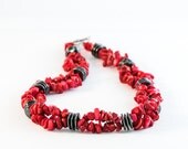 Chunky Beadwork Statement Red Coral Black Hematite Necklace