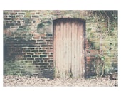 rustic wood door nature photo print - whimsical fine art architecture photography, color, brown, brick, leaves, winter - 10x8