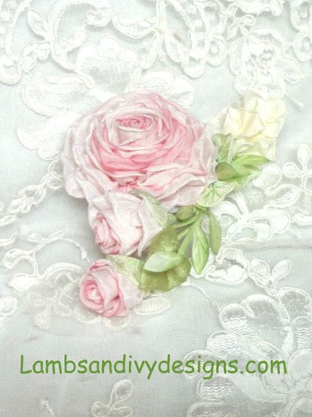 Ribbonwork Brooch Pin Pink Roses Ribbon Work Victorian Sweet Peas