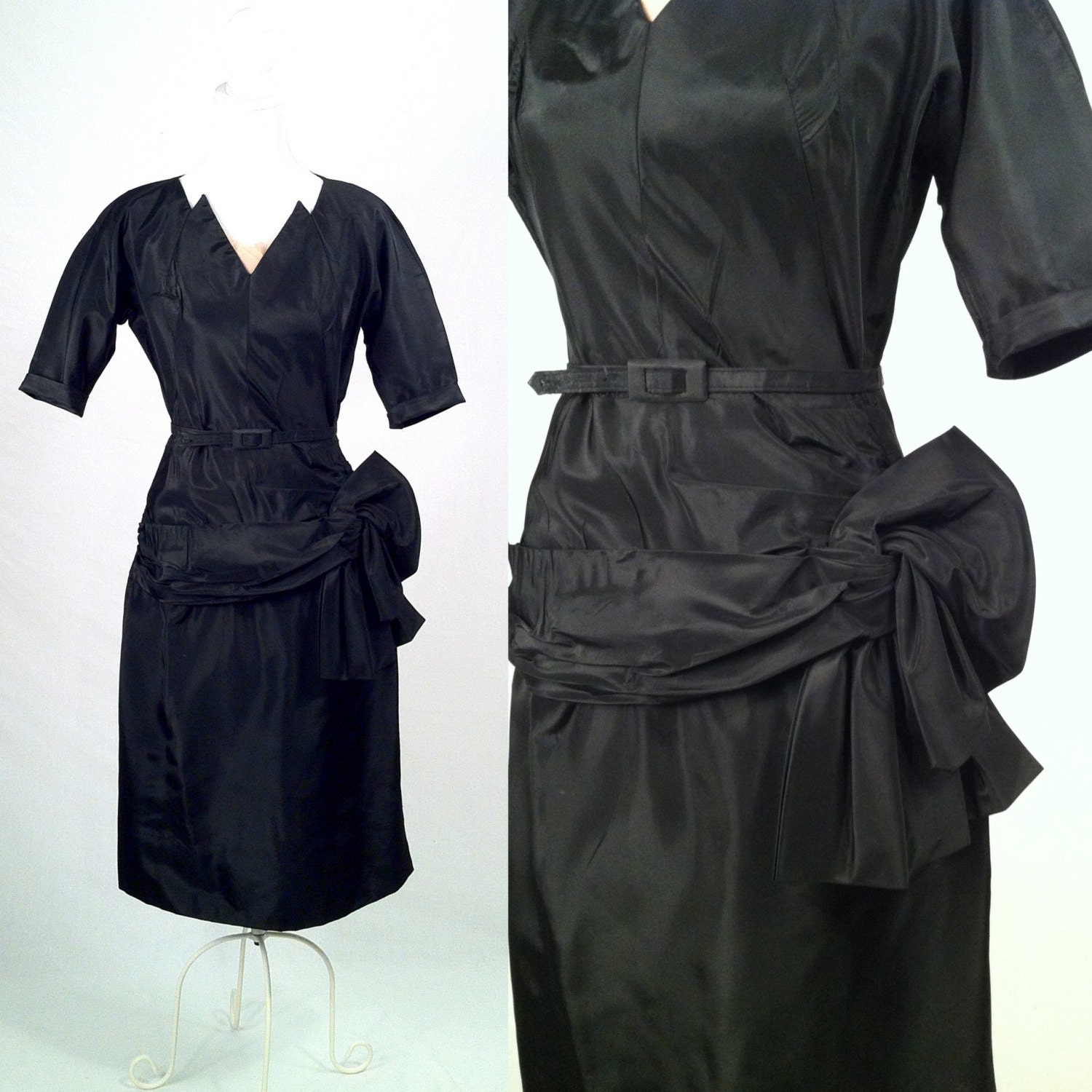 Vintage Early 1950s Black Taffeta Day Dress with Side Sash - Youthful Frocks by Sapera