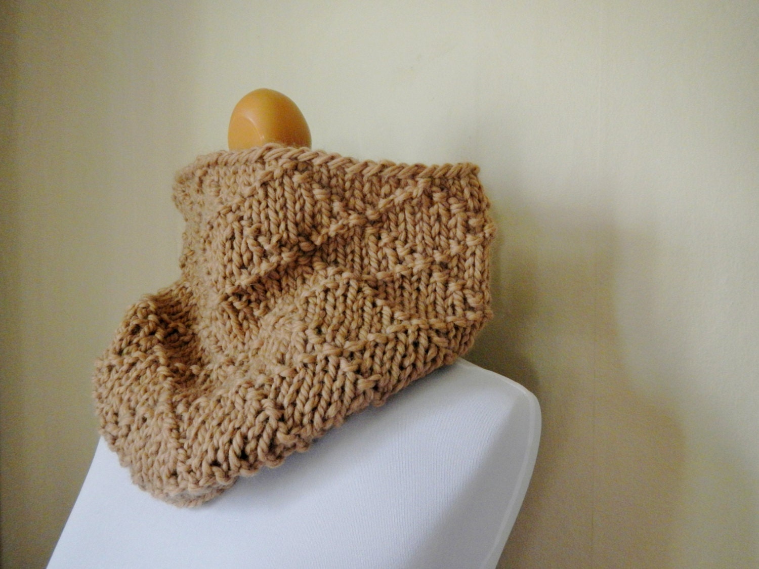 Knit Cowl - Baby Alpaca - Tennyson Luxury Neckwarmer - Light Caramel / Taupe - Unisex - Diamond Pattern Texture - Lit Knits - READY TO SHIP