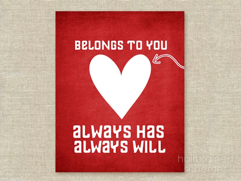 Love Typographic Digital Art Poster Print - Love - My Heart Belongs to You Heart Print Wedding Gift