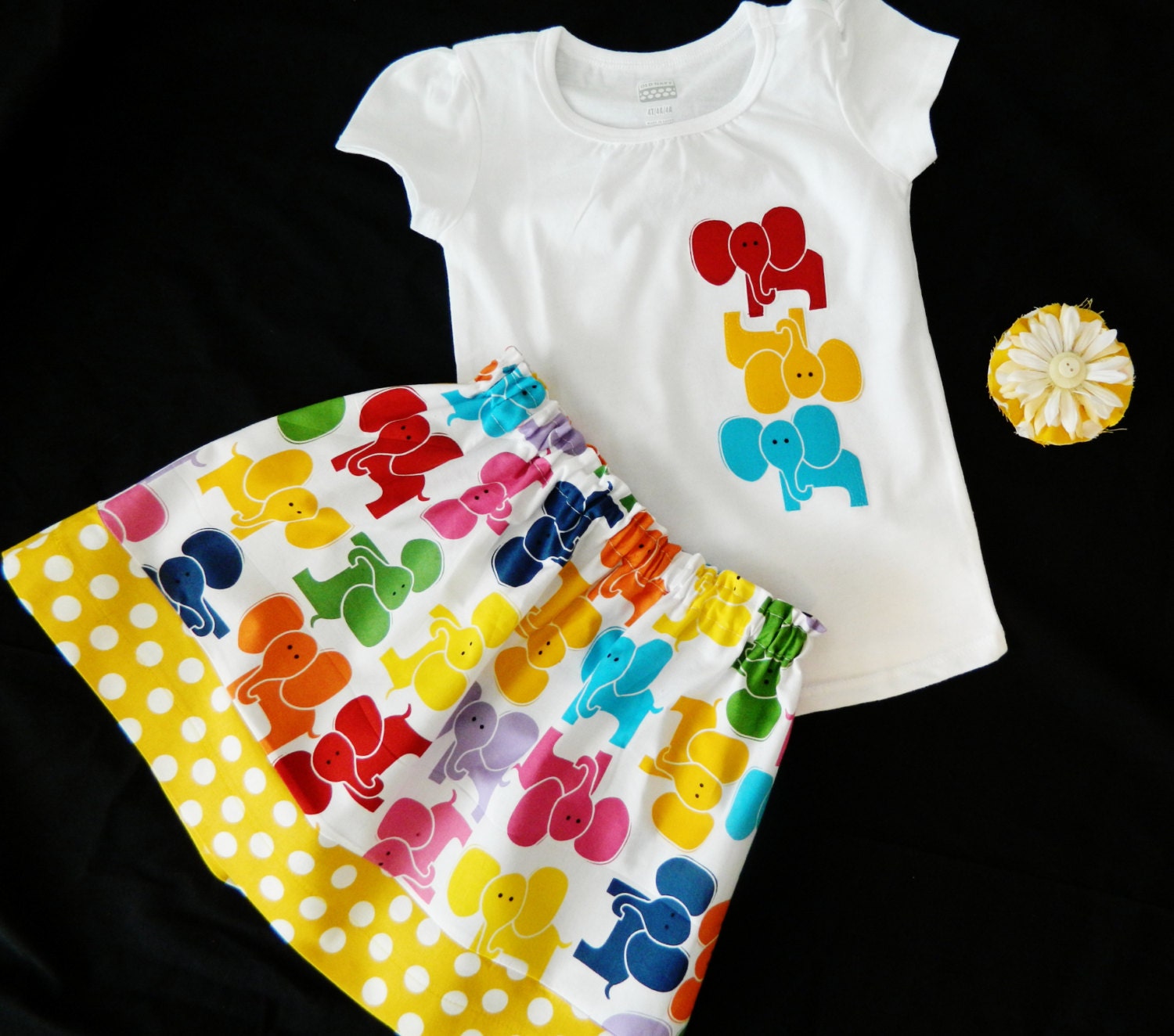 3 piece - Fun orange, green, pink, blue elephants SKIRT polka dot border, shirt appliqued, bow - Girl, baby, toddler, tween  NB - 16