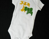 Baby boy or girl personalized gold and white polka dot initial onesie, green elephant applique- new mom gift - baby shower