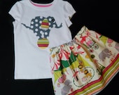 2 piece -So vintage tween, girl, toddler, circus shirt funky gray polka dot elephant balancing on a ball applique, and skirt sizes NB - 16