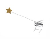 Quirky Birthday Card, Hand-Finished, Art Card, Quirky Illustration - Windy Day Poosac with Gold Star Balloon