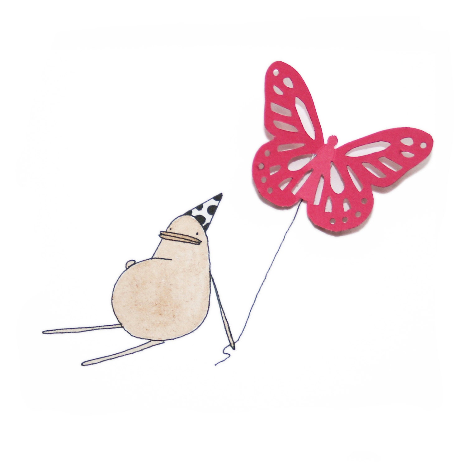 Cute Birthday Card - Happy Birthday Poosac with Pink Butterfly Balloon, Party, Spring, Neon, Birthday Hat, Polkadot