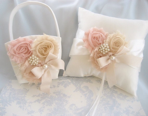 Flower Girl Basket  -  Peach Rose Blossom Ivory Ring Bearer Pillow, Flower Girl Basket Vintage CUSTOM COLORS  too Wedding Pillow